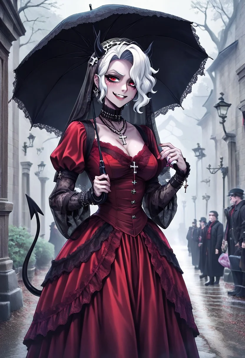 masterpiece, best quality, newest, absurdres, highres, FCMXV1.0, VGE-V1.0, goth fashion, victorian ,1girl, zdrada (helltaker), demon girl, short hair, white hair, horns, demon tail, cross, cross necklace, demon horns, necklace, red eyes, VGE-V1.0, goth fashion, victorian formal, umbrella, pufy sleeves, veil, puffy dress, dress, red dress, umbrella, holding umbrella,