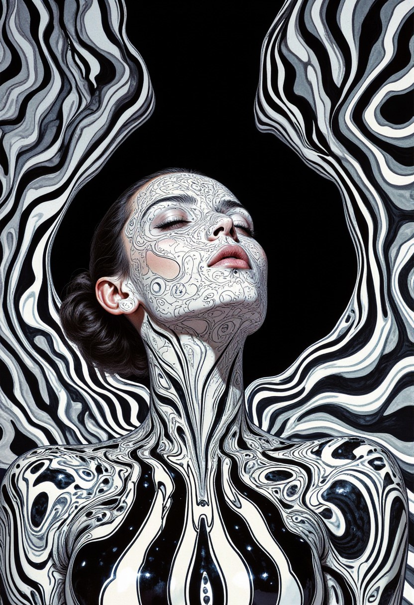 This high-resolution digital artwork merges optical illusion with surreal abstraction, superimposing a striking female head and shoulders at the center of a mesmerizing op-art background. The subject’s face and neck are covered in swirling, marble-like patterns in black, white, and shades of gray, accented by subtle hints of color that evoke fluid, liquid textures. These intricate patterns flow seamlessly into the undulating, alternating black-and-white wavy stripes of the background, creating a harmonious yet disorienting visual effect. The stripes radiate outward in a zigzag pattern from a central black void behind the subject, emphasizing depth and movement. The figure's closed eyes and serene expression add a contemplative stillness amidst the dynamic setting, while the patterns on the face mirror the fluidity of the background, blending the subject and environment into an abstract unity. The sharp, crisp digital rendering of the stripes contrasts with the smooth, marbleized textures of the subject, creating a compelling interplay of precision and organic flow. The overall composition is modern and minimalistic, focusing on the juxtaposition of the human form with the hypnotic optical illusion, drawing the viewer into a surreal, infinite expanse of abstract beauty.
