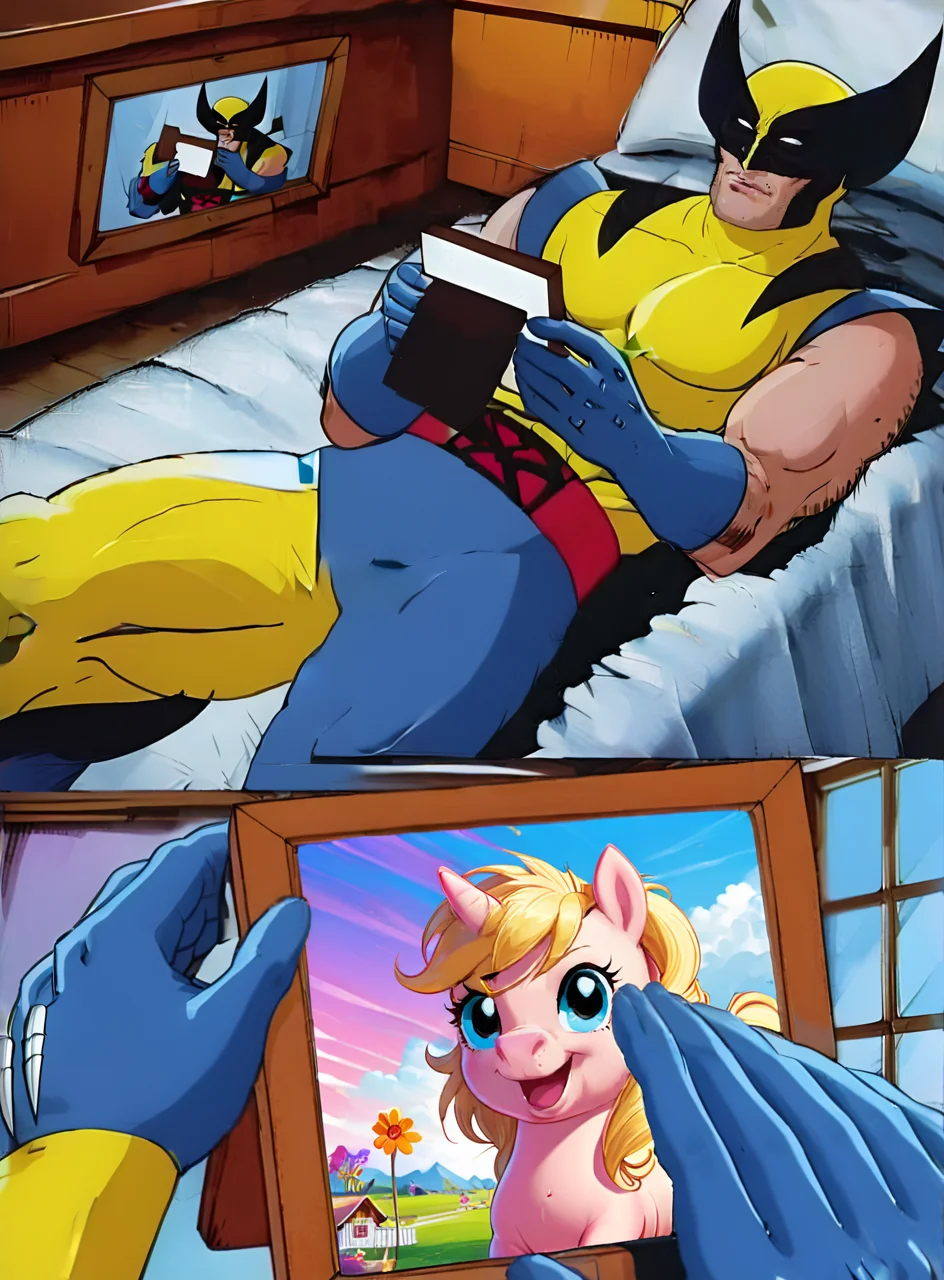 Wolverine holding a picture frame of a cute little pony, comic panels, wolvmemesdxl, cartoon, best quality, 2panel, <lora:wolvmemesdxl:0.8>