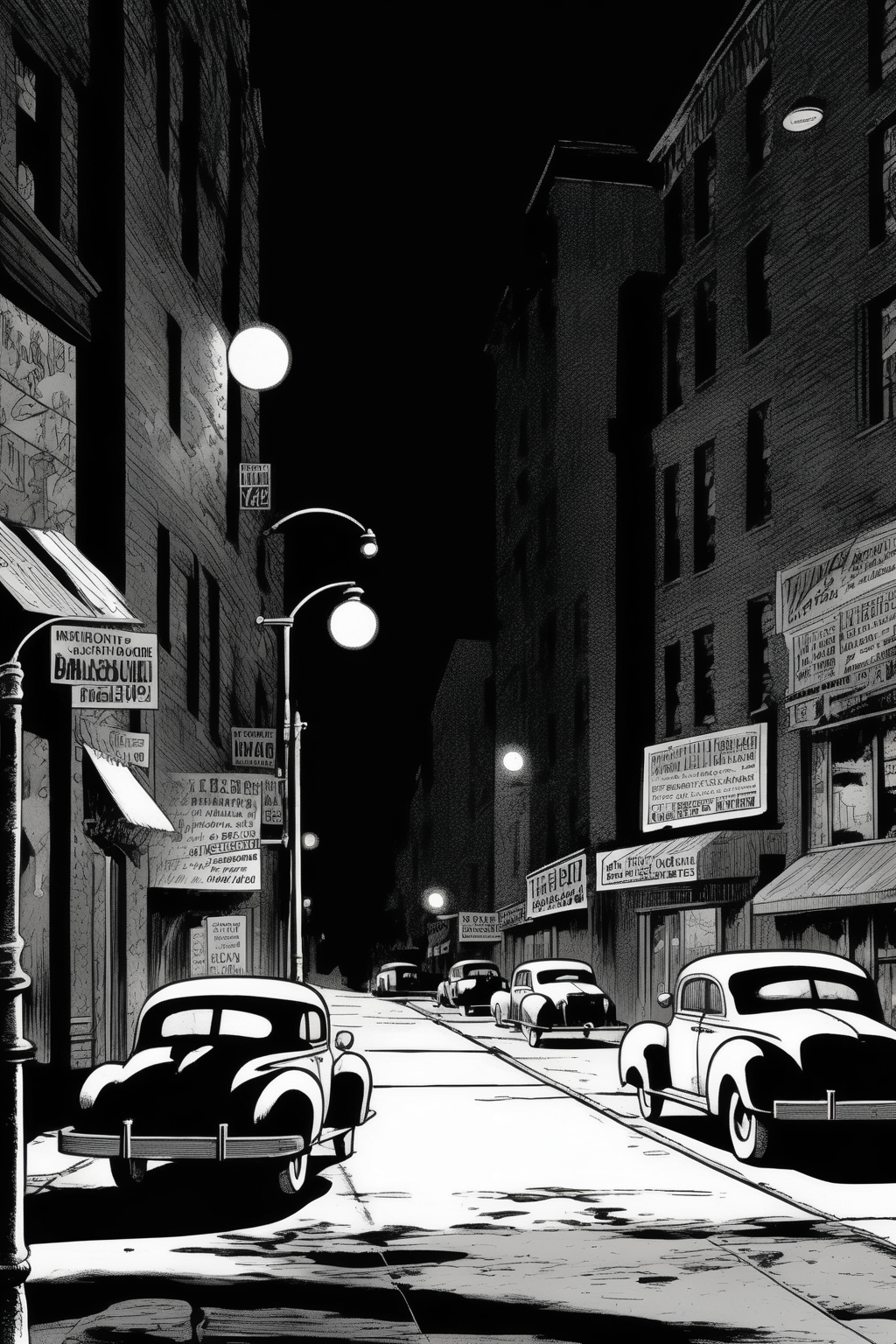 <lora:Will Eisner Style:1>Will Eisner Style - a New York street at night from the 1940', shadows, streetlamps, in a vintage comic book style