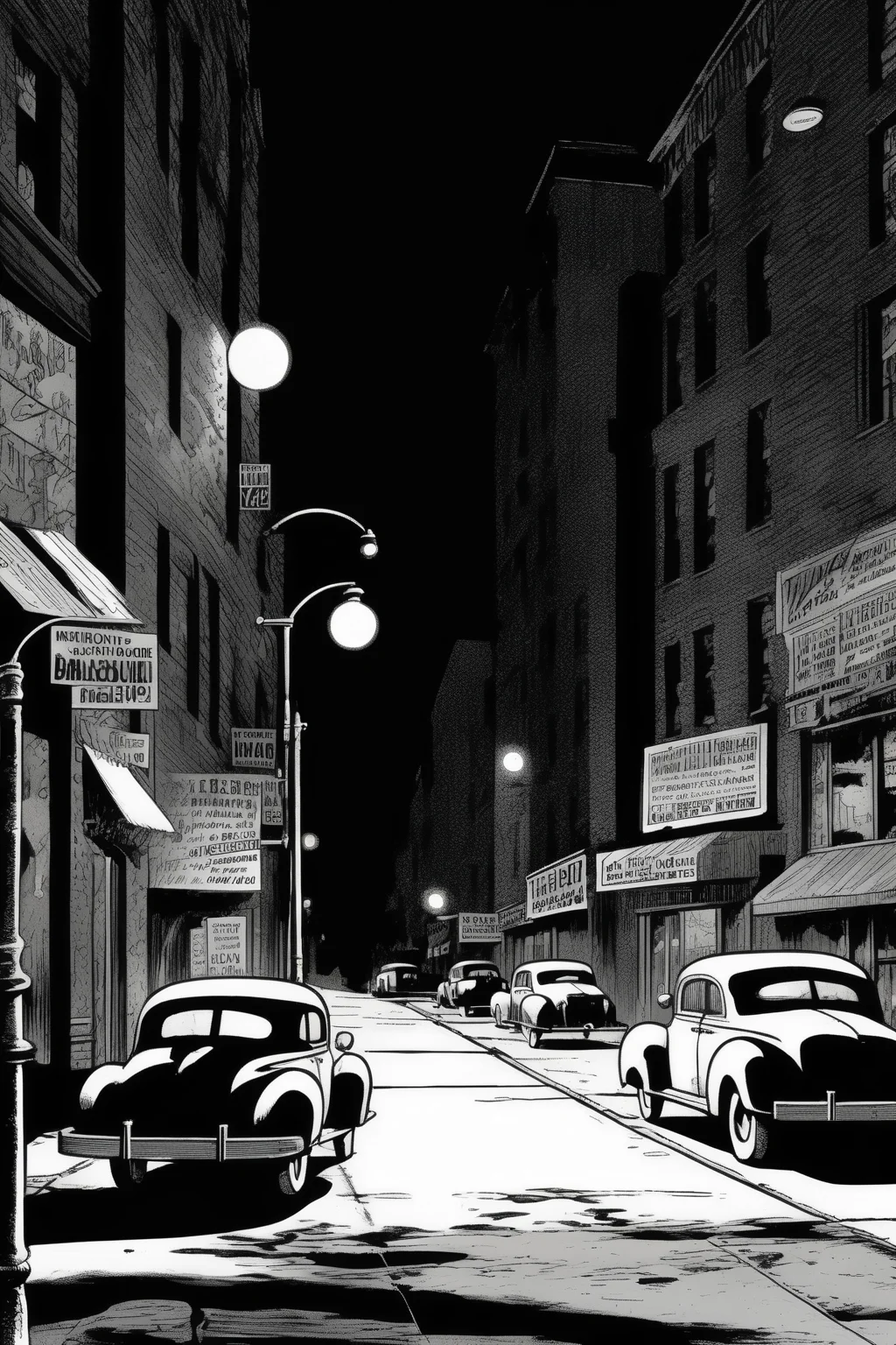 <lora:Will Eisner Style:1>Will Eisner Style - a New York street at night from the 1940', shadows, streetlamps, in a vintage comic book style
