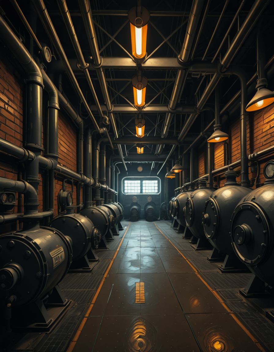 A highly detailed and realistic photograph of an industrial boiler room filled with large metal boilers, complex pipe systems, and pressure gauges. The room is dimly lit with a mix of warm yellow lighting from overhead industrial lamps and cool blue reflections from metallic surfaces. The air is slightly hazy with steam escaping from some of the pipes. The floor is made of reinforced concrete with visible stains from oil and water. Various control panels with blinking LED indicators and warning signs are mounted on the walls. The atmosphere is rugged and mechanical, evoking a sense of power and industrial efficiency. The depth of field is sharp, capturing intricate details such as rust on old pipes, the texture of the metal surfaces, and the labels on the control panels. The composition emphasizes symmetry, with pipes and machinery creating a structured, almost futuristic aesthetic.
<lora:SDXLFaeTastic2400:0.4> <lora:extremely_detailed:0.4> extremely detailed, <lora:industrial_boiler_room-i:1>,industrial b01l3r r00m, Masterpiece,best quality,hi res,8k,hi res,8k,award winning,(sharp focus, intricate, highly detailed),