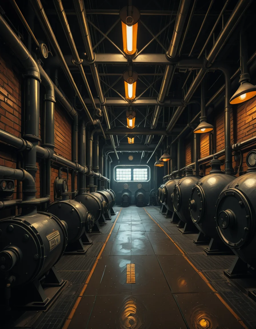 A highly detailed and realistic photograph of an industrial boiler room filled with large metal boilers, complex pipe systems, and pressure gauges. The room is dimly lit with a mix of warm yellow lighting from overhead industrial lamps and cool blue reflections from metallic surfaces. The air is slightly hazy with steam escaping from some of the pipes. The floor is made of reinforced concrete with visible stains from oil and water. Various control panels with blinking LED indicators and warning signs are mounted on the walls. The atmosphere is rugged and mechanical, evoking a sense of power and industrial efficiency. The depth of field is sharp, capturing intricate details such as rust on old pipes, the texture of the metal surfaces, and the labels on the control panels. The composition emphasizes symmetry, with pipes and machinery creating a structured, almost futuristic aesthetic.
<lora:SDXLFaeTastic2400:0.4> <lora:extremely_detailed:0.4> extremely detailed, <lora:industrial_boiler_room-i:1>,industrial b01l3r r00m, Masterpiece,best quality,hi res,8k,hi res,8k,award winning,(sharp focus, intricate, highly detailed),