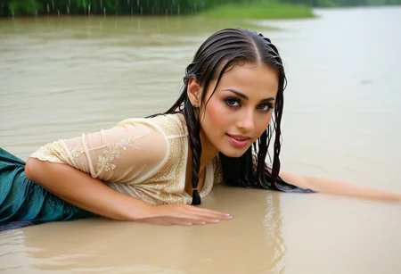 An Arab young woman, (Jasmine), very beautiful figure, slim, busty, very feminine, attractive. Fantastically beautiful face, big eyes, straight nose, narrow face, full sensual lips. (She is fully clothed):1.2 and completely wet. Her beautiful hairstyle, very complicated, braids, pinned up, hidden under a wet, translucent veil that sticks to her wet hair. She is wearing a very very rich, colorful, precious beige silk top decorated with lace, over all a voluminous, dark blue, opulent dress decorated with green ornaments and lace in traditional oriental style. It is wet, the wet fabric has become translucent and clings to her wet body like a second skin. (Her big stiff tits, nipples and dark areola are shimmering a bit through her wet clothes):0.2 . A lot of wet fabric is floating around her. She is wearing a wet, dark-colored skirt made of lots of fabric. She lies in the water, on her back, enjoying the wet fabric that clings tenderly to her body. She smiles relaxed, looks up into the air.
Translated with DeepL.com (free version)