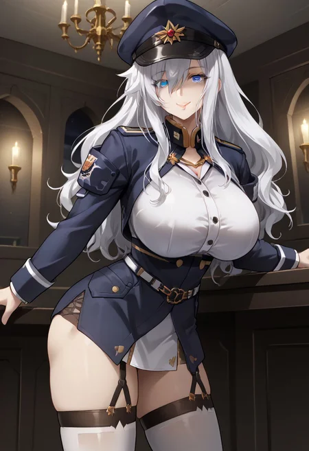 score_9, score_8_up, score_7_up, 1girl, sylwia krzasinska, source_anime, solo, anime screencap, anime coloring, zPDXLxxx, Expressiveh, white hair, wavy hair, long hair, blue eyes, hair over one eye, one eye covered by hair, perfect lips, vibrant eye color, expressive eyes, ultra-feminine, ultra-detailed face, ultra-detailed skin, lustrous ultra-detailed hair, (extreme hourglass figure: 1.5), ultra-slim proportions, (feminine muscles: 1.1), (long breasts, perfectly round breasts, huge breasts: 1.5), ultra-narrow waist, ultra-flared hips:, perfectly round ass, (ultra-jutting ass, shapely ass: 1.2), perfect butt crack, (thin tighs, ultra-fit figure, long legs: 1.5), bursting breasts, ultra-jutting breasts, ultra-pointy breasts, blue headwear, blue jacket, blue skirt, hat, jacket, military, military hat, military uniform, peaked cap, shirt, skirt, thighhighs, uniform, white shirt, white thighhighs, indoors, detailed background, military base, sci-fi base, steel grey walls, alert lights, staring at viewer, leaning forward, breasts focus, evil smile, sexually suggestive, horny