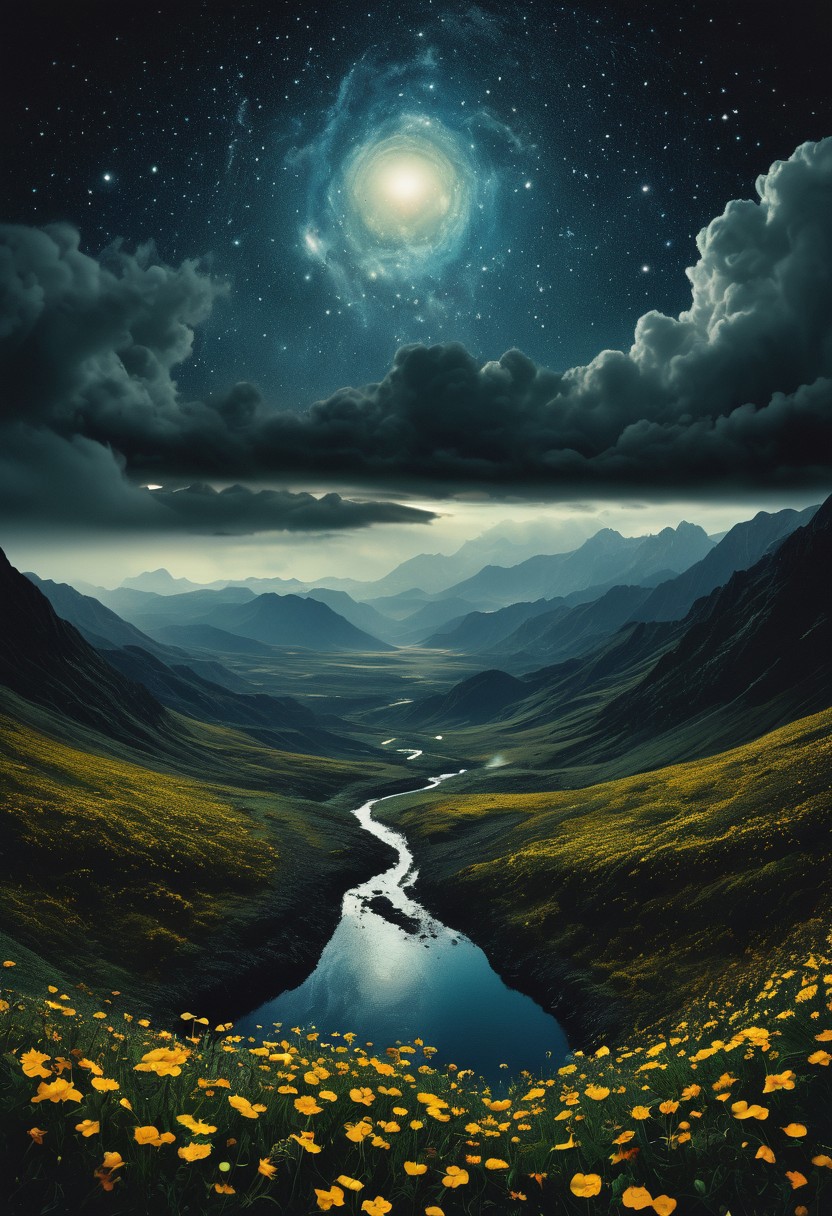 Vast (dark space:1.3) filled with (glowing small star:1.2), POV from (clouds:1.1), a (huge planet:1.5) polaroid, film still, a beautiful alien landscape, with weird wild flowers, a beautiful river in dragon shape, a distant mountain, acid rain, (sinister:1.3) presence, (eerie:1.2) atmosphere, and (highly textured:1.1) noise. Inspired by the works of (Andreas Gursky:1.4) and (Cindy Sherman:1.3), polaroid film still, grainy texture, dramatic shadowsdominating one side, covering half of the image, cosmic wonder, ethereal, deep space, by (Ansel Adams:1.4), high contrast, dramatic lighting, surreal atmosphere.