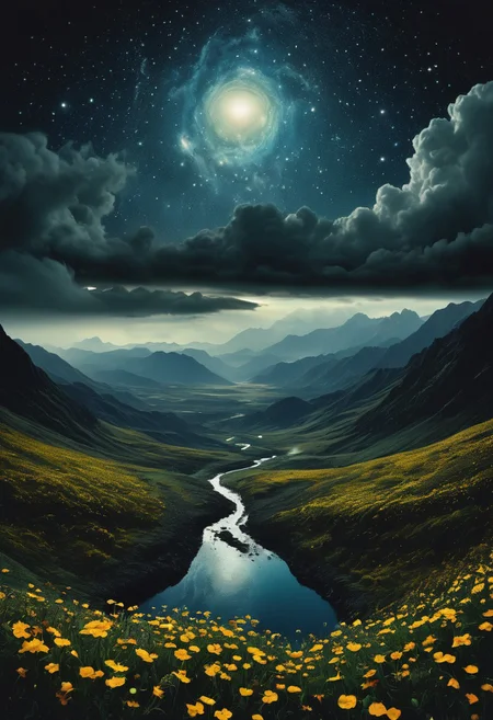 Vast (dark space:1.3) filled with (glowing small star:1.2), POV from (clouds:1.1), a (huge planet:1.5) polaroid, film still, a beautiful alien landscape, with weird wild flowers, a beautiful river in dragon shape, a distant mountain, acid rain, (sinister:1.3) presence, (eerie:1.2) atmosphere, and (highly textured:1.1) noise. Inspired by the works of (Andreas Gursky:1.4) and (Cindy Sherman:1.3), polaroid film still, grainy texture, dramatic shadowsdominating one side, covering half of the image, cosmic wonder, ethereal, deep space, by (Ansel Adams:1.4), high contrast, dramatic lighting, surreal atmosphere.