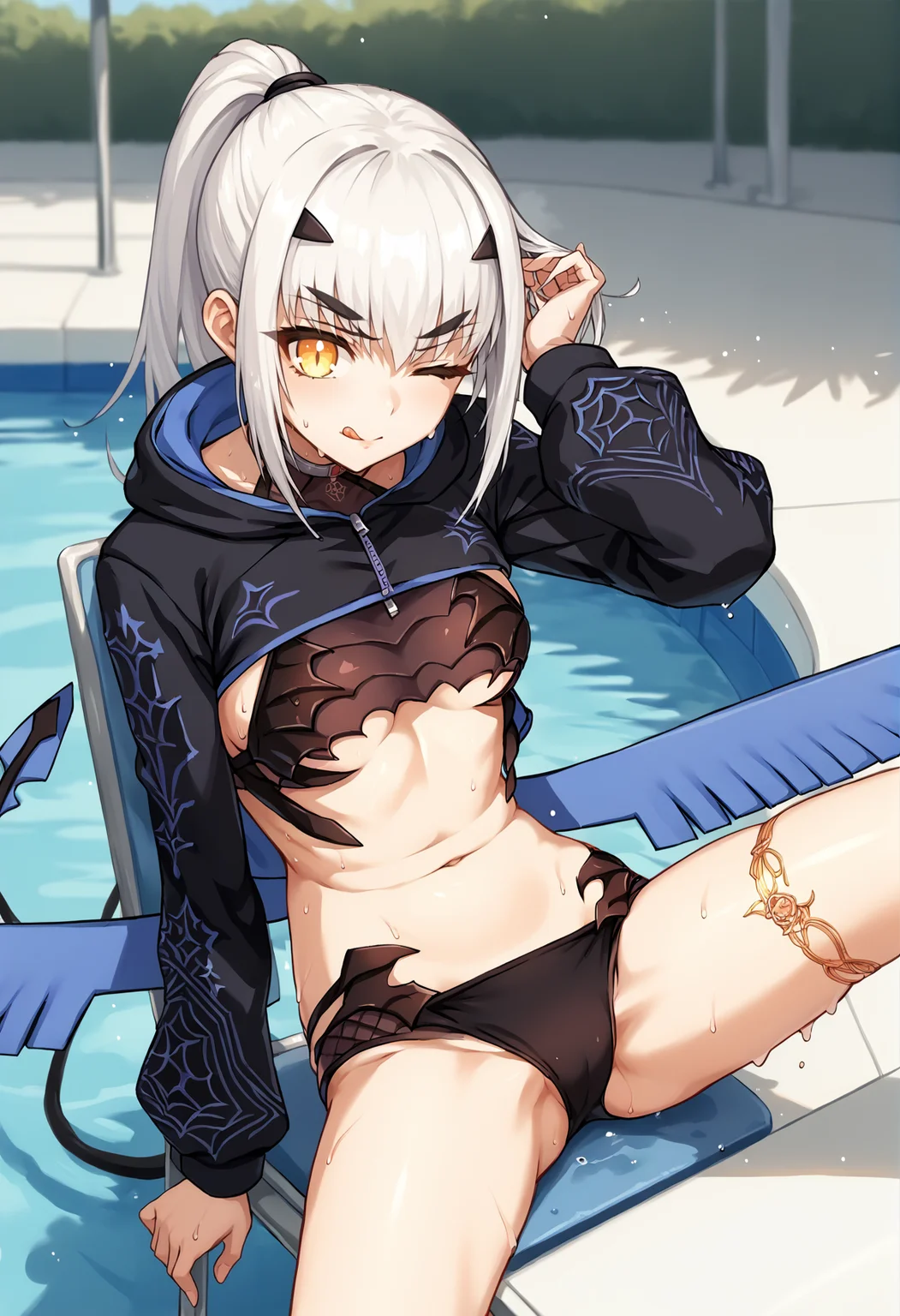1girl, forked eyebrows, white hair, very long ahir, yellow eyes, v-shaped eyebrows, bikini, black bikini, black jacket, cropped jacket, open clothes, dragon wings, hight ponytail, tail, thighlet, thighs, solo, outdoors, pool, sitting, chair, spread legs, hand on hair, wink, wet, sweat, :p, tongue out  <lora:Melusine_Fate_Grand_Order_XL_v2:1>, score_9, score_8_up, score_7_up, score_6_up, score_5_up, score_4_up, BREAK source_anime, masterpiece
