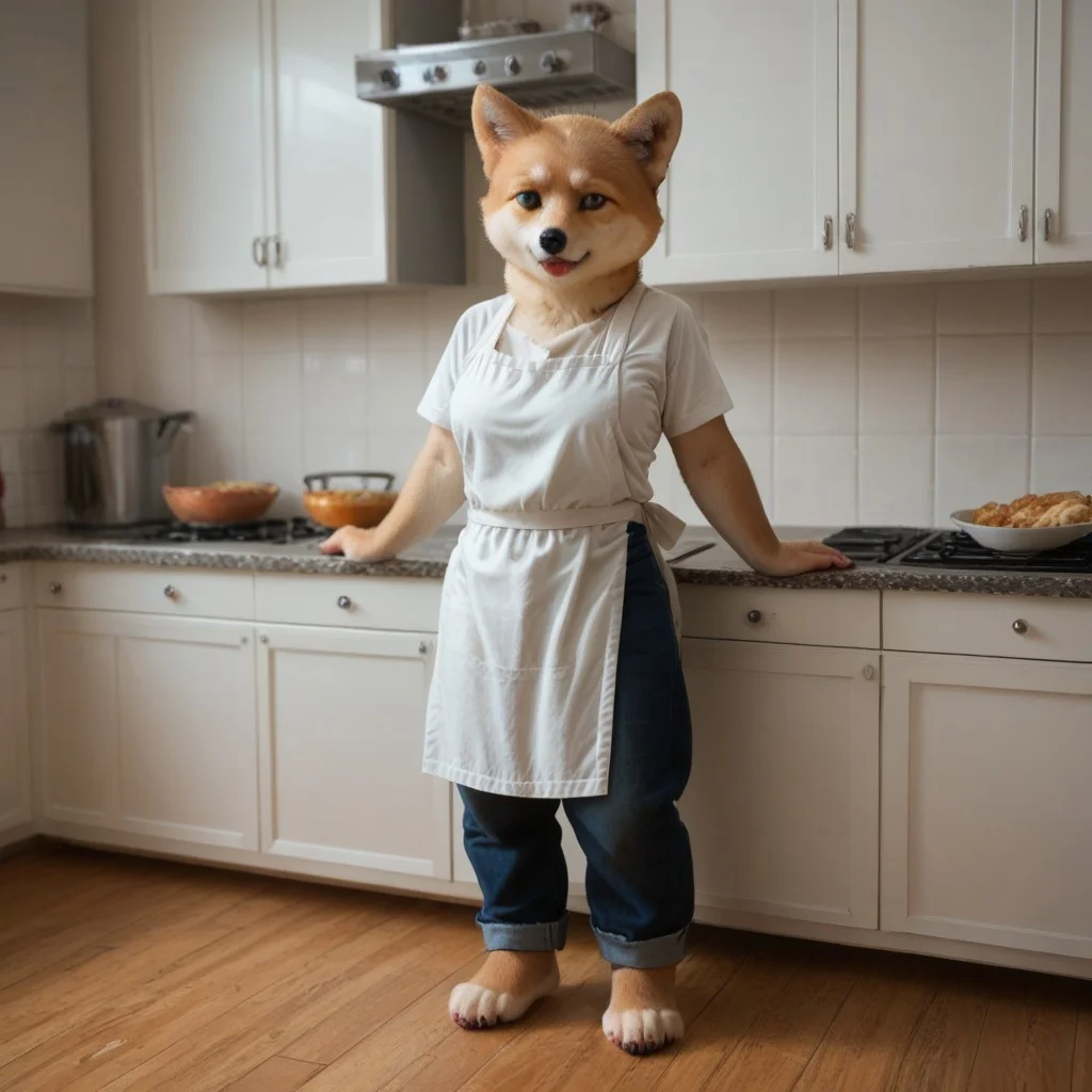 antro, 1girl, shiba inu, tan fur, paws, white apron, white shirt, blue jeans, in a kitchen background, UHD, score_8_up, score_9
