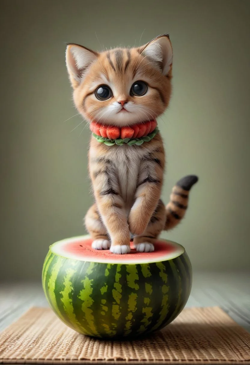 An award winning photo , a cute little baby cat,doing Yoga on a yoga matt in a watermelon costume,, (((cuteness overload))) <lora:add-detail-xl:1>, <lora:WowifierXL-V2:1>, zhibi