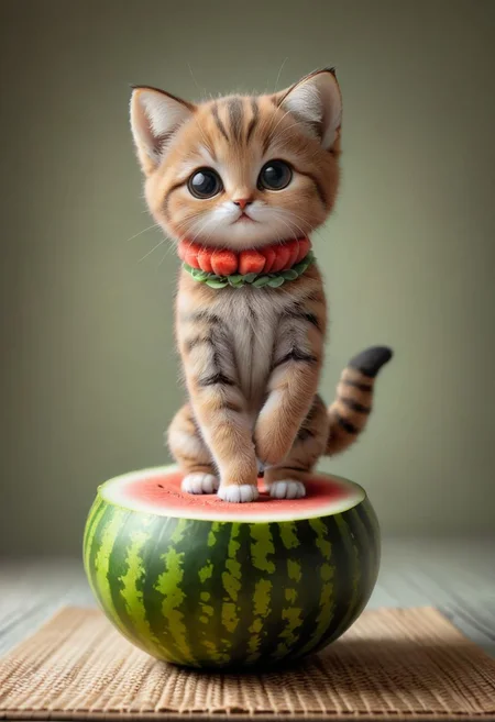 An award winning photo , a cute little baby cat,doing Yoga on a yoga matt in a watermelon costume,, (((cuteness overload))) <lora:add-detail-xl:1>, <lora:WowifierXL-V2:1>, zhibi