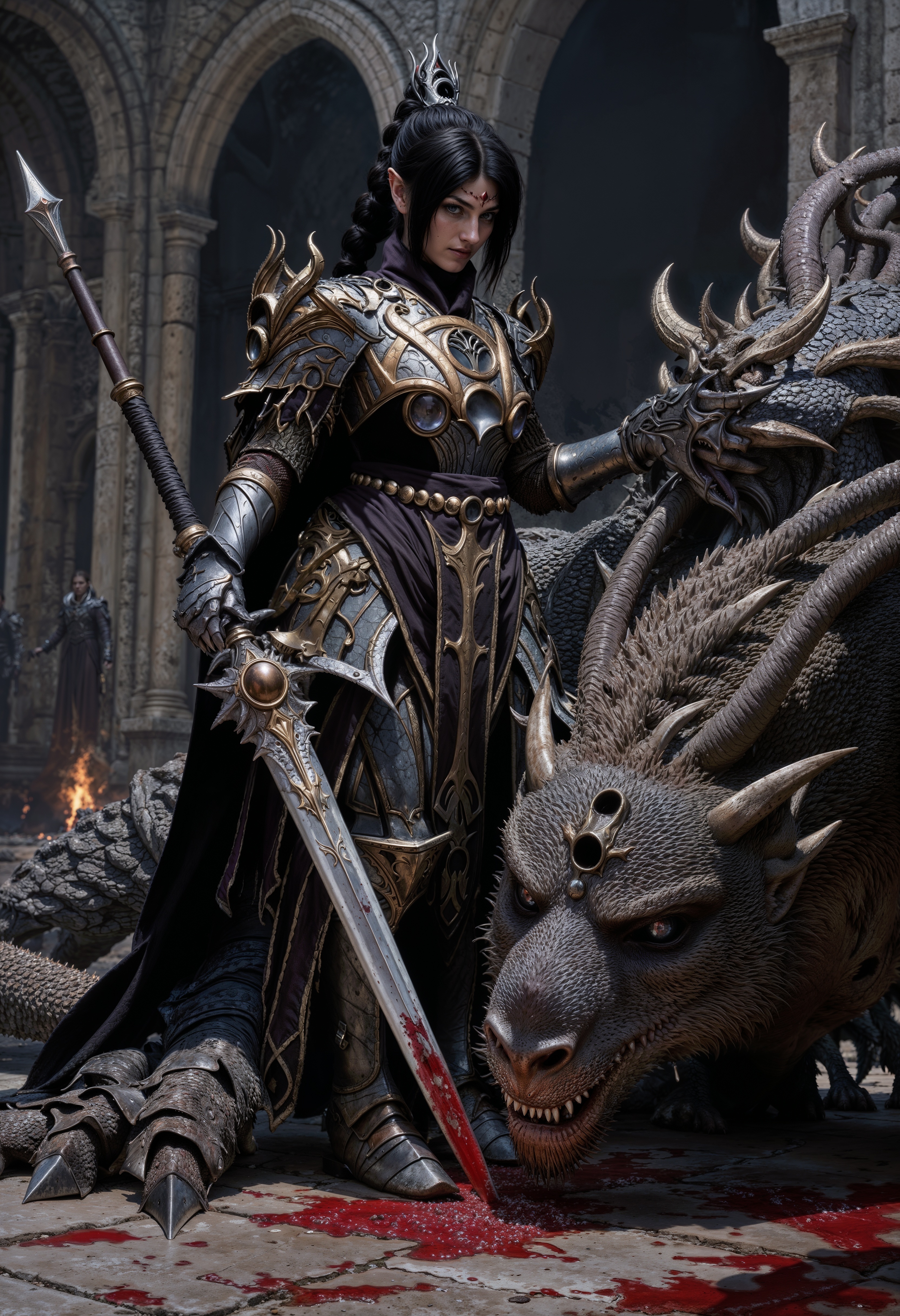 ShadowDJ, A fierce, battle-hardened female warrior standing victorious beside the lifeless body of a massive dragon. The warrior, with long black hair styled in a braid and wearing dark armor with intricate silver and gold detailing, exudes a powerful presence. Her outfit is intricate, featuring metal accents, leather straps, and a cape that flows down her back, emphasizing her warrior status. She holds a massive, blood-stained sword planted firmly into the ground, symbolizing her triumph. Blood from the dragon stains the earth around them, and the creature's head lies low, its mouth open and fangs bared, as if defeated in a fierce battle. In the background, a desolate, smoky landscape with tall, ruined arches and faint flames hints at destruction, adding a post-battle atmosphere. The overall color palette is dark and muted, with shades of gray, black, and red dominating the scene. The image conveys themes of strength, victory, and resilience, with the warrior embodying a relentless, almost mythical, heroism against the dragon.
<lora:FluxMythP0rtr4itStyle:0.6> <lora:flux.1_lora_flyway_Epic-Characters_v1:0.6> <lora:Elden_Ring_-_Yoshitaka_Amano:0.33> <lora:FluxShadowDJV1:1>