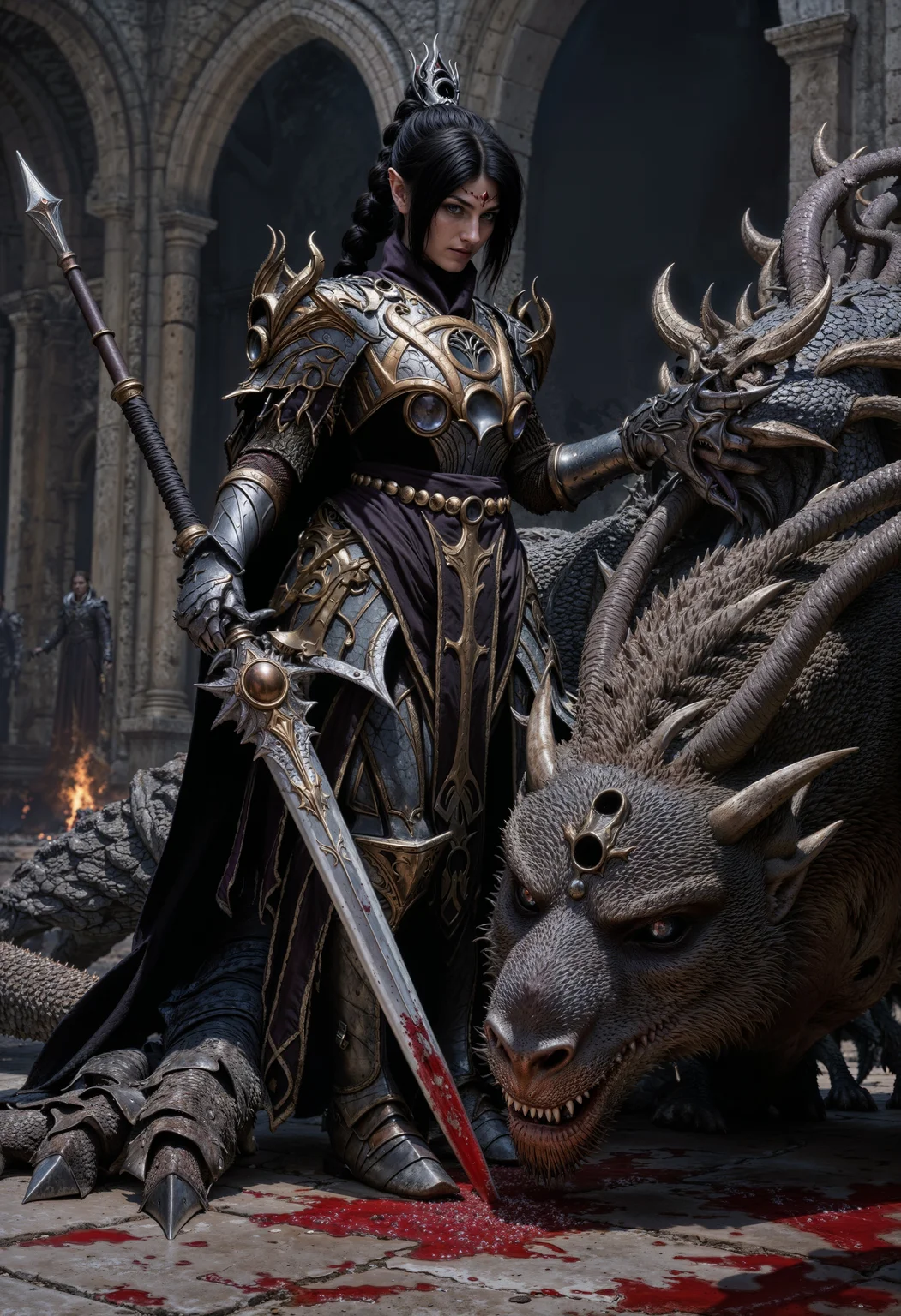 ShadowDJ, A fierce, battle-hardened female warrior standing victorious beside the lifeless body of a massive dragon. The warrior, with long black hair styled in a braid and wearing dark armor with intricate silver and gold detailing, exudes a powerful presence. Her outfit is intricate, featuring metal accents, leather straps, and a cape that flows down her back, emphasizing her warrior status. She holds a massive, blood-stained sword planted firmly into the ground, symbolizing her triumph. Blood from the dragon stains the earth around them, and the creature's head lies low, its mouth open and fangs bared, as if defeated in a fierce battle. In the background, a desolate, smoky landscape with tall, ruined arches and faint flames hints at destruction, adding a post-battle atmosphere. The overall color palette is dark and muted, with shades of gray, black, and red dominating the scene. The image conveys themes of strength, victory, and resilience, with the warrior embodying a relentless, almost mythical, heroism against the dragon.
<lora:FluxMythP0rtr4itStyle:0.6> <lora:flux.1_lora_flyway_Epic-Characters_v1:0.6> <lora:Elden_Ring_-_Yoshitaka_Amano:0.33> <lora:FluxShadowDJV1:1>