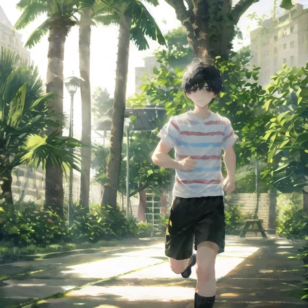 shirt, tree, solo, 1boy, shorts, red striped, running, building, plant, outdoors, socks, standing, shadow, striped shirt, black hair, male focus, black shorts, short sleeves, short hair, palm tree, feet out of frame, black eyes, dappled sunlight,