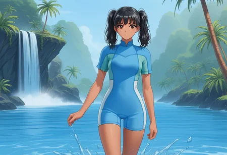 Manga style very dynamic drawing of a beautiful Asian woman wearing a short sleeves (wetsuitBBS) playfully splashing water as she spins around, she has black hair tied in too ponytails, very slender figure, narrow hips, thigh gap, small waist, tropical island