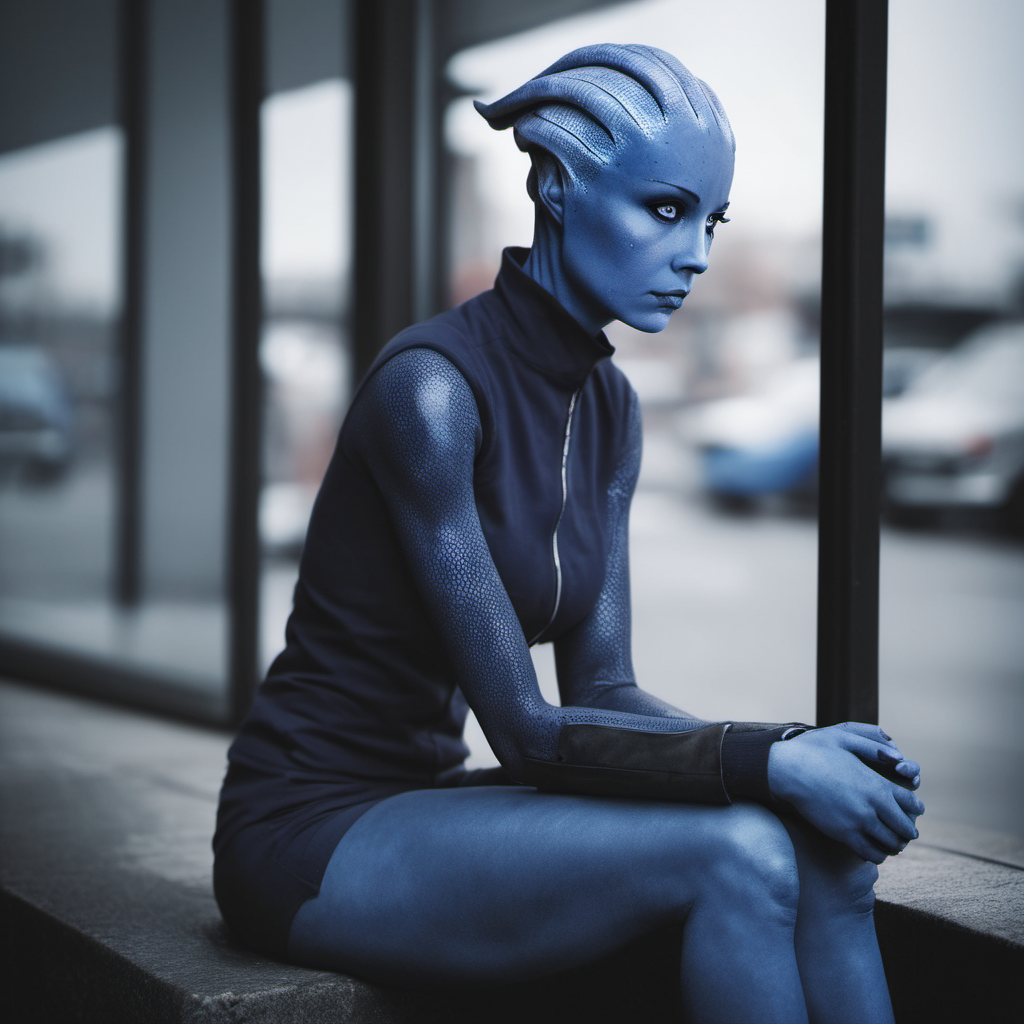 raw photo of a sad Asari teenager waiting for the bus, gloomy, realistic <lora:asari-sdxl-test:0.8>