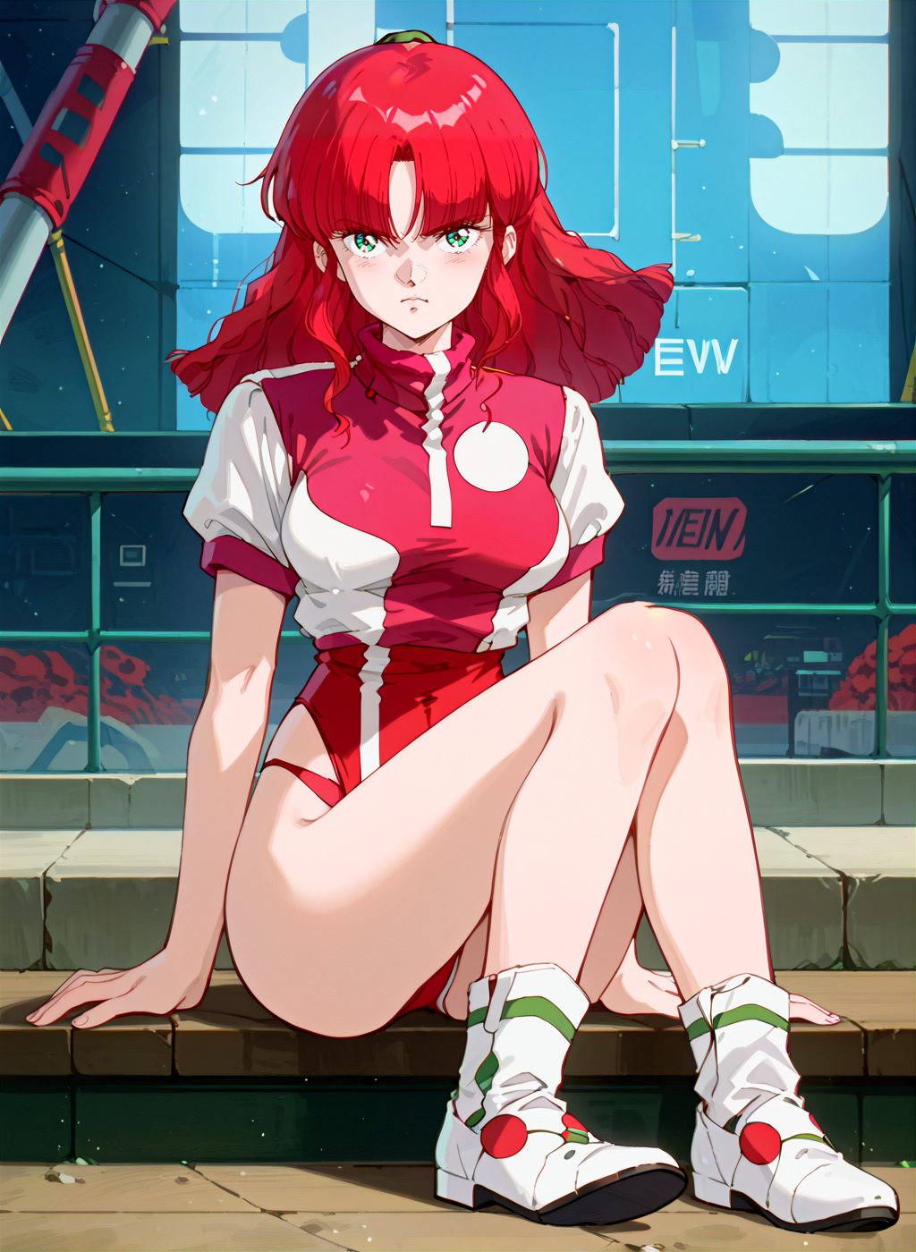 score_9,score_8_up,score_7_up,source_anime,anime,nsfw,rating_explicit,uncensored,High quality,Ultra detailed,best quality,insanely detailed,beautiful,masterpiece,perfect lighting BREAK
outdoors,<lora:jung_freud_V1:1>,(jung_freud, red hair, long hair, green eyes, medium breasts,),(red leotard,uniform,turtleneck,short sleeves),(1980s (style), retro artstyle),1girl,solo,serious,sitting,front view,full body,looking_at_viewer,