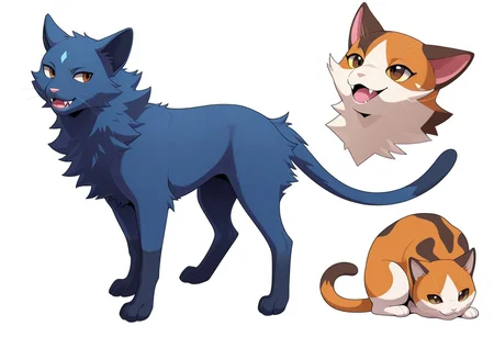 masterpiece, best quality, amazing quality, detailed, illumination, high detail, high-quality, detailed lighting, very aesthetic, absurdres, warm lighting, high detail, soft shading,
1ns0m14cOvrld,
semi-anthro, male, digitigrade, pokemon like (creature)),
1boy, (domestic cat, feline, (feral:2), (quadruped), felis, calico cat, feline snout, crispy snout fur, feline anatomy, tricolor, (brown fur), (dark blue fur), (light hazel fur), (color divided fur), (fur segmented), (face fur segmented:1.2), segmented ears fur), eyes light hazel, (chest light hazel), (light hazel paws), pawpads pink, irregular rings tail, brown eyes, fuzzy fur, (animal fur not hair:1.2), (small:1.5), ((fangs:1.3), open eyes, smile), 4 feet toes),
character sheet, reference sheet, simple white background, (multiple views), (full body), (multiple poses),