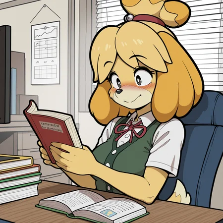masterpiece, best quality, amazing quality,(detailed background:1),ByArdanStyle,furry,furry female,1girl,solo,isabelle,white shirt, green vest, inside office, holding  books<lora:Ardan_Norgate_STYLE:0.9>