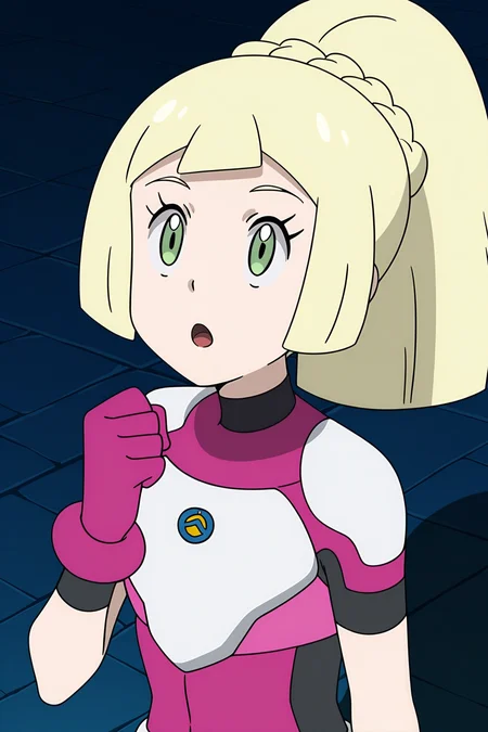 anime, anime screencap, lillieul, 1girl, solo, long hair, open mouth, blonde hair, gloves, green eyes, upper body, braid, ponytail, short sleeves, eyelashes, bodysuit, shadow, clenched hand, french braid, dark, pink gloves, hand up, :o, cosplay, looking up, lillie \(pokemon\), lillie \(pokemon\), pokemon
<lora:Lillie_Ultraguardian:1>