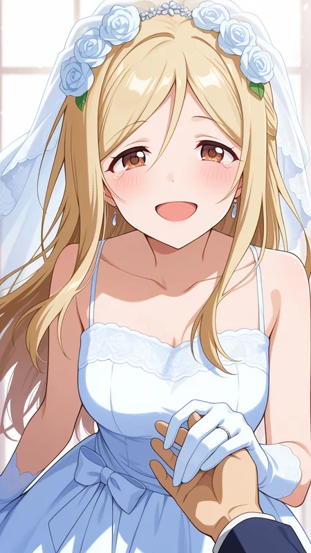masterpiece, best quality, amazing quality, very aesthetic, absurdres, newest, anime screencap, <lora:takanoILM:1>, takano miyo, long hair, very long hair, blonde hair, parted bangs, brown eyes, hair between eyes,, wedding dress, wedding, flower, wedding ring, hair flower, bridal veil, flower, gloves, hair ornament, happy, happy tears, open mouth, looking at viewer, pov, pov hands, ribbon, ring, white dress, sleeveless dress, collarbone, bare_shoulders, holding hands,