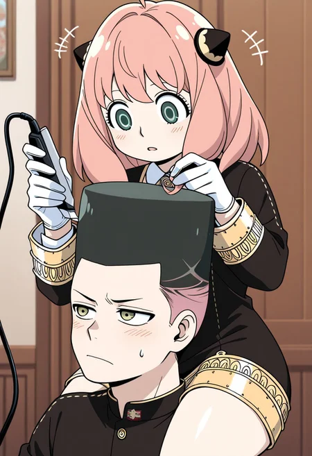 score_9, score_8_up, score_7_up, source_anime, show accurate, couple, romantic couple, 1boy1girl, duo, (((taller female)))+++, tall female, shorter male, AnyaForger, pink hair, green eyes, black horns, eden academy school uniform, DamiandDesmond, black hair, black shoulder pads, white gloves, thick clothing, high top fade, fade \(haircut\), flattop, portrait, close up, barber, holding hair clipper, cutting hair, (wide_hips), thick thighs, bubble_butt