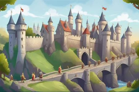 background Medieval Castle: Stone walls, drawbridge, towering turrets, knights in shining armor, majestic banners, royal court., v3rd, flatee, <lora:BACKTOON_0.1_RC:0.6>