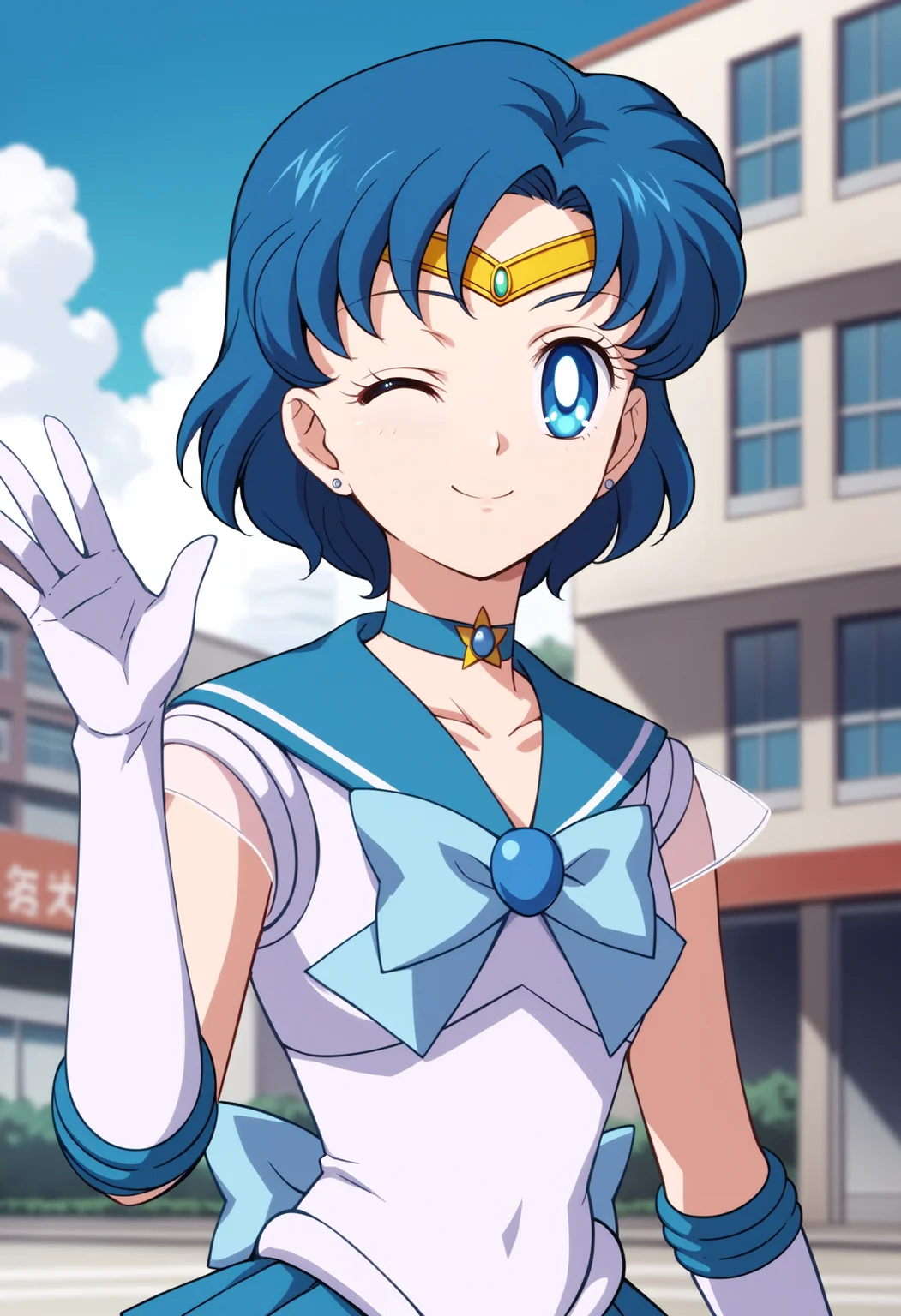 score_9, score_8_up, score_7_up, score_6_up, score_5_up, score_4_up, BREAK, source_anime,
1girl, sailor mercury, blue hair, short hair, blue eyes,
tiara, bow, choker, earrings, elbow gloves, pleated skirt, sailor collar, sailor senshi uniform,
wink, waving at viewer with one hand, outdoors, blue sky, smile, upper body, solo, looking at viewer, buildings, tokyo street background <lora:SailorMercuryXL:1>