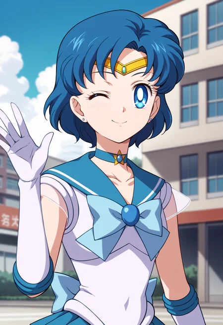 score_9, score_8_up, score_7_up, score_6_up, score_5_up, score_4_up, BREAK, source_anime,
1girl, sailor mercury, blue hair, short hair, blue eyes,
tiara, bow, choker, earrings, elbow gloves, pleated skirt, sailor collar, sailor senshi uniform,
wink, waving at viewer with one hand, outdoors, blue sky, smile, upper body, solo, looking at viewer, buildings, tokyo street background <lora:SailorMercuryXL:1>