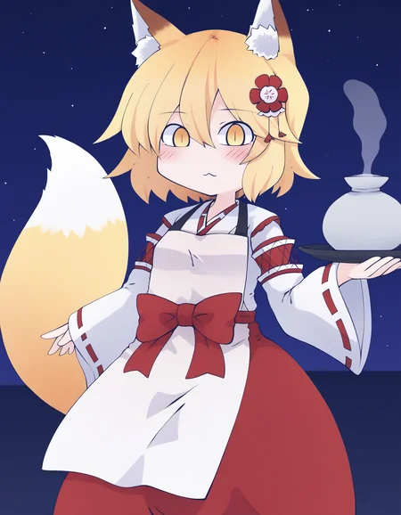 score_9, best quality, masterpiece, uncensored, source_anime
BREAK
1girl, senko, blonde hair, animal ears, fox ears, blush, animal ear fluff, hair ornament, fox girl, hair flower, hair between eyes, short hair, fox tail, tail, yellow eyes, miko, japanese clothes, ribbon mesh sleeves, apron, cowboy shot
<lora:chahan_pony_v1-000011:1> <lora:SenkoXL:1>