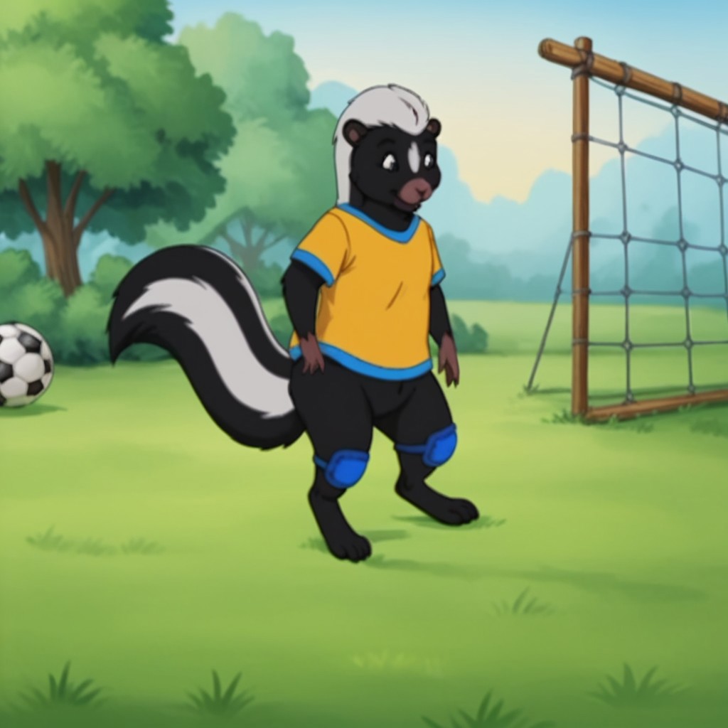 score_9, score_8_up, score_7_up, score_6_up, score_5_up, score_4_up, source_furry, skunkfrnkln, semi-anthro, female, skunk, black fur, outside, yellow shirt, blue knee pads, in a field, soccer