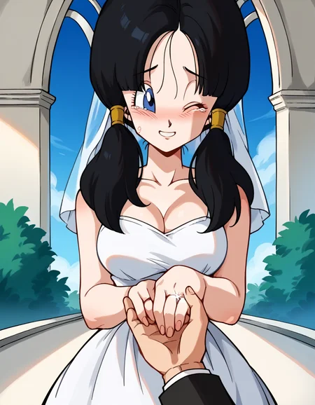 score_9, score_8_up, score_7_up, source_anime, <lora:dbz-videl-anime-ponyxl-lora-nochekaiser:1>, videl, black hair, blue eyes, eyelashes, parted bangs, twintails, medium breasts,, <lora:wedding-ring-ponyxl-lora-nochekaiser:1>, wedding ring, marriage proposal, pov, pov hands, hand grab,, blush, wedding dress, white dress, veil, one eye closed, tears, church, smile, bare shoulders, collarbone, cleavage,, dutch angle, looking at viewer, cowboy shot,