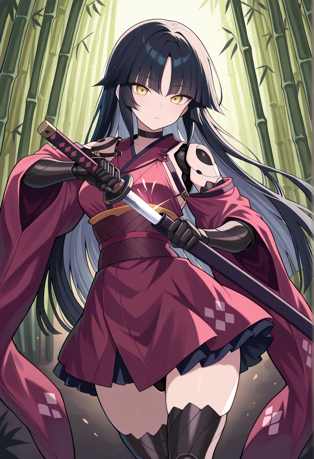 1girl, black hair, long hair, hime cut, yellow eyes, robot joints, humanoid robot, mechanical arms, japanese clothes, thighhighs, mechanical legs, holding katana, outdoors, cowboy shot, bamboo forest, fighting stance, unsheathing, <lora:kato_danzo:1>, masterpiece, best quality, amazing quality, very aesthetic, absurdres, highres, newest