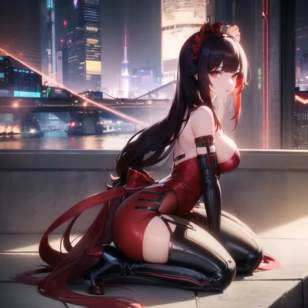 Masterpiece, (photorealistic:1.1), best quality, beautiful lighting, detailed, RAW photo, anna, 1girl, solo, bangs, (red_dress), (red_long_gloves), (red_headwear), (maid_red_hair_accessories), (full body), bare_shoulders,(black_hair), breasts, bridge, hair_ornament, brown_eyes, long_hair, looking_at_viewer, ( to the thigh long _white_boots:1.1), (cyberpunk city), flower, <lora:Anna2_TOF_v1.2:1>