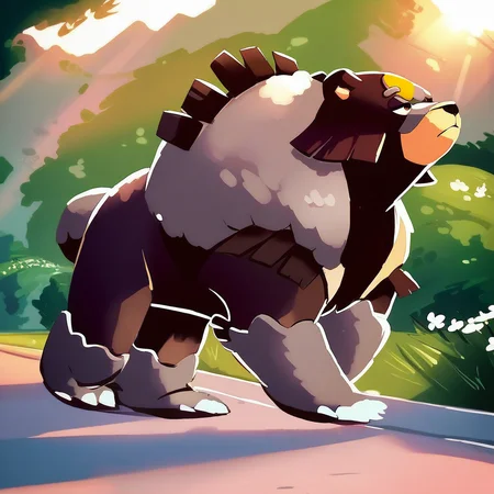 score_7_up, score_8_up, in-game, side angle, ursaluna, feral, yellow circle on head, fluffy fur, full body, walking, half open eyes, outdoors, daytime, sunlight,