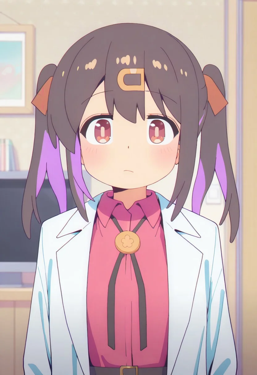 masterpiece,best quality,amazing quality, oyama mihari, hair ornament, hairclip, dark brown hair, brown eyes, purple pigtails, 1girl, shirt, solo, collared shirt, closed mouth, ribbon, upper body, labcoat, hair ribbon, indoors