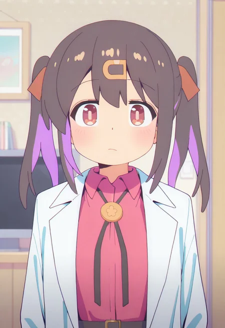 masterpiece,best quality,amazing quality, oyama mihari, hair ornament, hairclip, dark brown hair, brown eyes, purple pigtails, 1girl, shirt, solo, collared shirt, closed mouth, ribbon, upper body, labcoat, hair ribbon, indoors