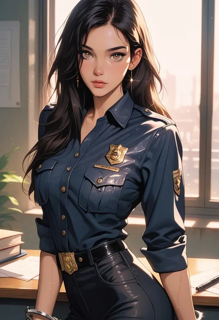 masterpiece,best quality, highly detailed, score_9, score_8_up, score_7_up, score_6_up, source_cartoon, medium shot, 1 girl, fit, beautiful, long wet hair, black hair, detailed face, light brown eyes, Police station desk, dark blue uniform shirt with badge, tactical pants, radio earpiece & handcuffs