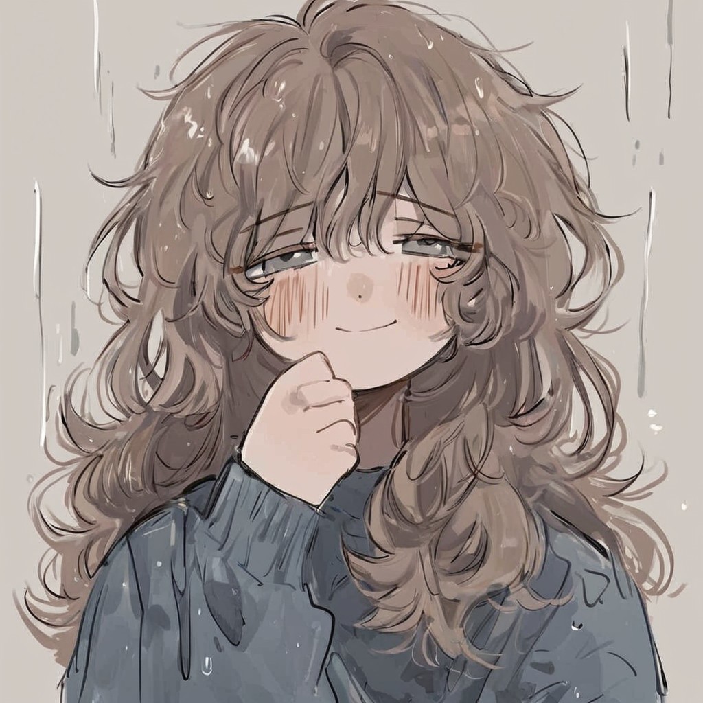 score_9,score_8_up,score_7_up, materpiece, best quality, muddysorrowful, muddy colors, messy brush strokes, messy lineart, sketch, eyes far apart, textured hair, intricate details, GLOOMY, girl, sad, brown hair, half-closed eyes, blushing, smug, looking at viewer, rainy, grey town, dull ambient, haze, grey eyes, femenine, cute girl, wearing sweater, long hair, cute,