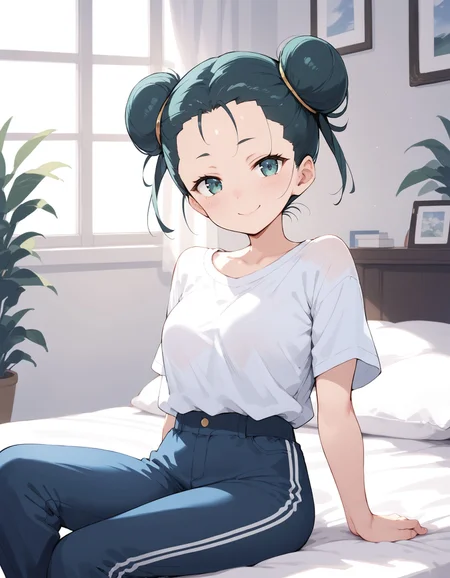 score_9, score_8_up, score_7_up, score_6_up, BREAK source_anime, best quality, masterpiece,
1girl,forehead,double bun,<lora:tuber orasPonyXL:0.8>,tuber oras,shirt,pants,cowboy shot,sitting,on bed,smile,looking at viewer