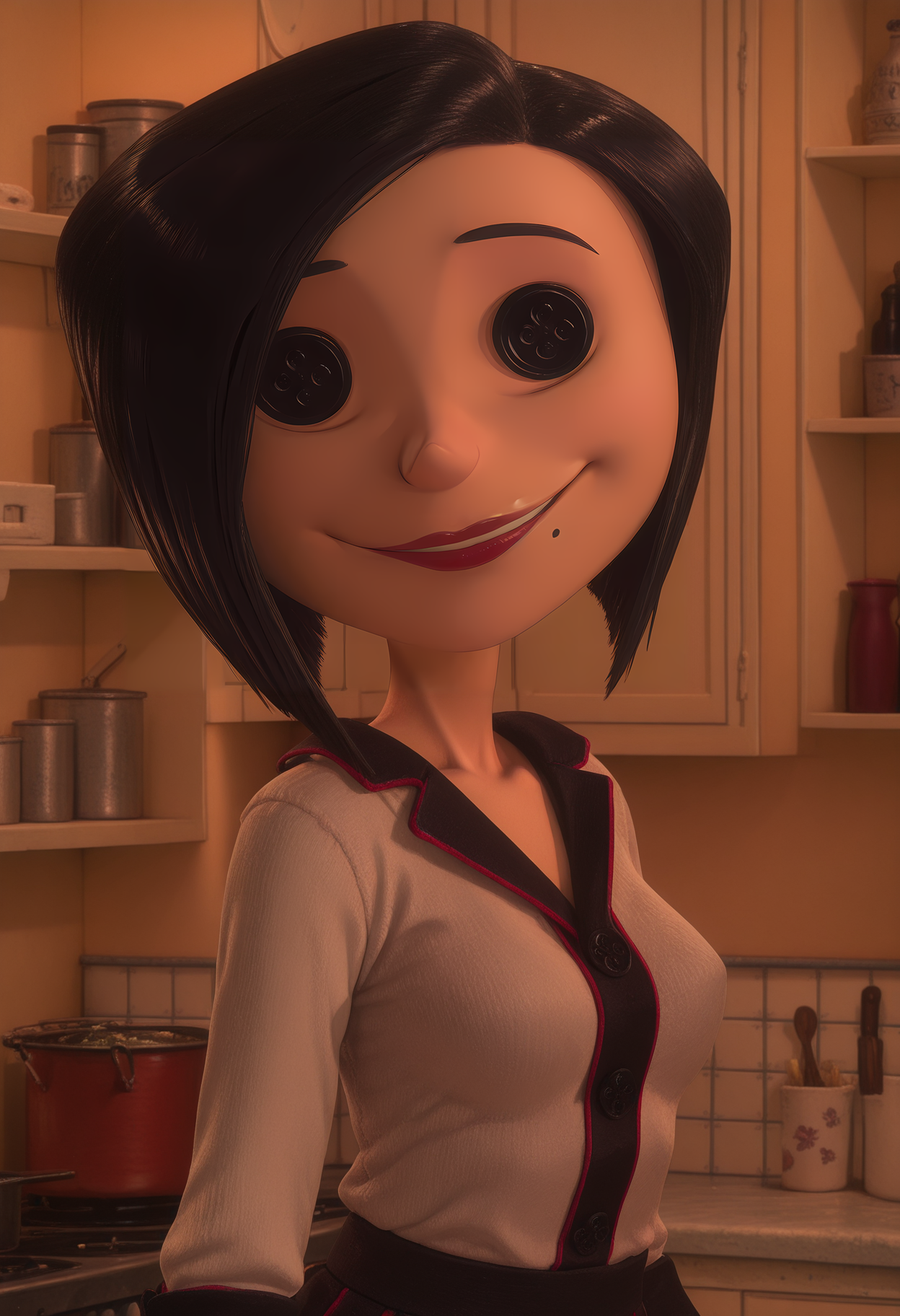 1girl,solo,mm,mature female,button eyes,mole under mouth,lipstick,black hair,short hair,breasts,
shirt,upper body, looking at viewer, light smile, indoors
,masterpiece,best quality,amazing quality,<lora:Other_Mother-Coraline_ix:1>