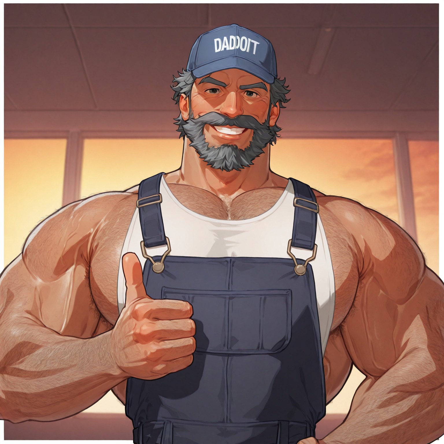 masterpiece, best quality, newest, absurdres, highres, white borders around characters, dim Light, dark soft light, school hallway, sunset , BREAK bara, muscular male, male focus, 1man, male focus, male, huge pecs, male focus, 1boy, bodybuilder mouth, dark gray hair, dark gray eyebrows, dark gray moustache, dark gray ark blue overalls, blue cap, janitor cap, janitor, very short hair, wavy hair, white tank top, thin waist,  big moustache, {{beefy}}, {{muscular}}, {{large}}, {{tall}}, body hair, teeth, shoulder angle, portrait, HD, detailed, detailed face, big shoulders, huge shoulders, dark gray body hair, very light brown skin, lips, thick eyebrows,  alone, HD face, hairy shoulders, messy hair, greeting, portrait, happy, chest covered, pecs covered, body covered, looking at viewer, daddy, mature male, wrinkles, front angle,, face focus, zoom on face, mature man, upper body focus, thumbs up, mouth open, strong arms, strong jands, veiny arms, eyes open, looking at viewer