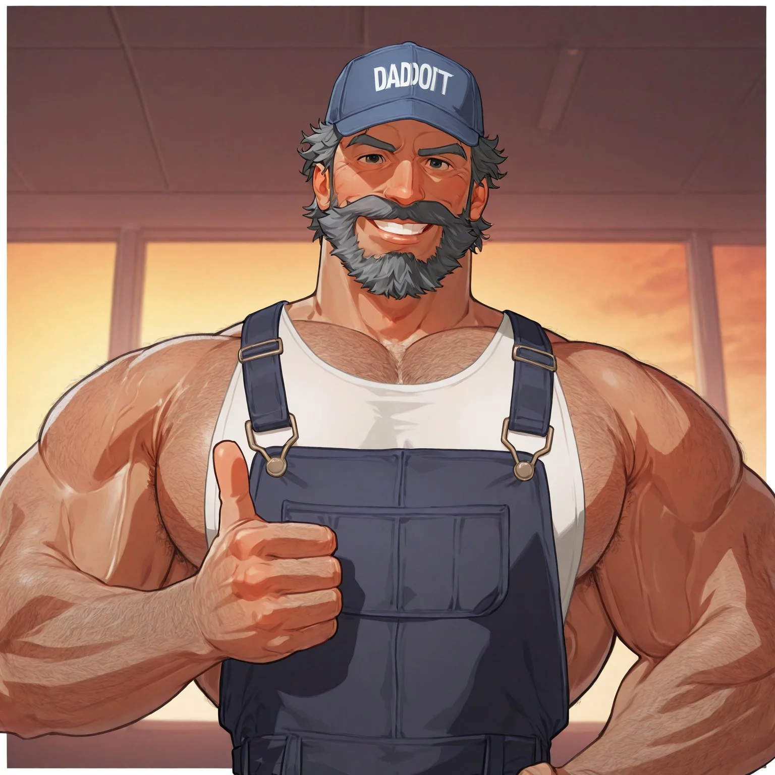 masterpiece, best quality, newest, absurdres, highres, white borders around characters, dim Light, dark soft light, school hallway, sunset , BREAK bara, muscular male, male focus, 1man, male focus, male, huge pecs, male focus, 1boy, bodybuilder mouth, dark gray hair, dark gray eyebrows, dark gray moustache, dark gray ark blue overalls, blue cap, janitor cap, janitor, very short hair, wavy hair, white tank top, thin waist,  big moustache, {{beefy}}, {{muscular}}, {{large}}, {{tall}}, body hair, teeth, shoulder angle, portrait, HD, detailed, detailed face, big shoulders, huge shoulders, dark gray body hair, very light brown skin, lips, thick eyebrows,  alone, HD face, hairy shoulders, messy hair, greeting, portrait, happy, chest covered, pecs covered, body covered, looking at viewer, daddy, mature male, wrinkles, front angle,, face focus, zoom on face, mature man, upper body focus, thumbs up, mouth open, strong arms, strong jands, veiny arms, eyes open, looking at viewer