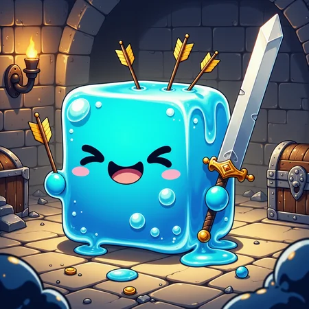famous artwork, highly detailed anime-style image of an incredibly cute, adorable, perfectly square gelatinous cube with a blissfully happy expression, the gooey little cube has a translucent, vibrant blue color with a glossy sheen and tiny bubbles are encased within its translucent gel, three arrows are lodged in its side and it holds a huge shiny ornate greatsword with a gooey appendage, the sword is way too big for the perfect little cube, adding to its charmingly comical appearance, the background is a classic medieval dungeon with stone walls, an iron wall-mounted torch, a treasure chests, and scattered jewelry, gems and gold coins, soft and warm lighting gives the scene a cozy atmosphere, the overall tone is lighthearted and whimsical, <lora:gelatinous_cube-flux-by_oneviolentgentleman:0.7>