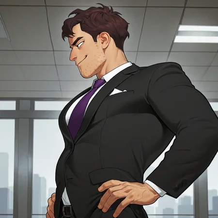 masterpiece, best quality, absurdres, newest, perfect quality, best quality, absolutely eye-catching, detailed background, intricate details, bara, 1boy, male, male focus, solo, brown hair, short hair, messy hair, thick eyebrows, black eyes, stubble, white shirt, purple tie, black suit, black pants, bara, muscular, large pectorals, large biceps, looking away, upper body, cowboy shot, side view, smirk, hands on hips, office scenery, very awa, best quality, absurdres, newest, perfect quality, detailed background, intricate details, (artist:rokudenashi:0.8), (artist:dizdoodz:0.7), (artist:gomtang:0.6)