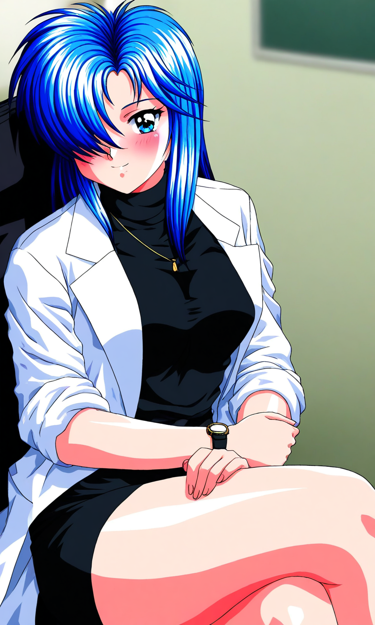 general,highres, ultra-detailed,very aesthetic,best quality ,best hands, BREAK  <lora:Himoo_Yuina_Tokimeki_Memorial_IS:1>
Himoo_Yuina(Tokimeki_Memorial), 1girl, solo, blue hair, hair over one eye, blue eyes, long hair, breasts, blush, smile,
labcoat, sitting, crossed legs, skirt, pencil skirt,  watch, turtleneck,
 miniskirt, smile, wristwatch, long sleeves, sleeves rolled up