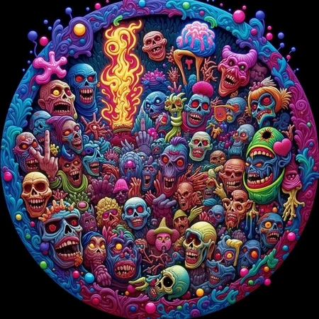 psychedelic style concept art horror-themed Dark Fantasy Art, <lora:Undead Apocalypse v1:1> und34dpsy, a psychedelic traveling circus run entirely by colorful zombies: the juggler tosses flaming brains, the contortionist has detachable limbs, and the fortune teller pulls dreams out of skulls. Everything glows â cotton candy is made of nebula mist, and rides twist into impossible geometries. Shot from a fisheye perspective, with colors vibrating like a lava lamp. The undead laugh hystericallyâ¦ even their decapitated heads., dark, moody, dark fantasy style . eerie, unsettling, dark, spooky, suspenseful, grim, highly detailed . digital artwork, illustrative, painterly, matte painting, highly detailed . vibrant colors, swirling patterns, abstract forms, surreal, trippy