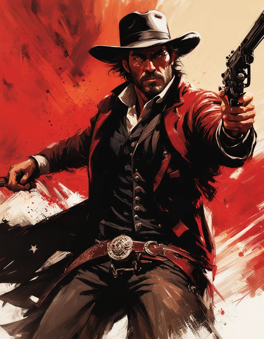 Intricate dynamic action shot of cowboy in a shootout, cinematic Steve Henderson Fabian Perez Henry Asencio Jeremy Mann Marc Simonetti Fantasy, red dead redemption 2 atmosphere, cinematic, #photograph