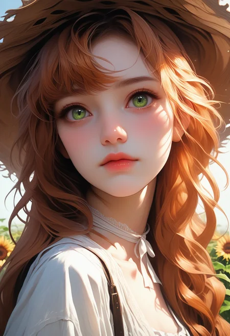 ASCII, photorealistic, OLED, score_9, score_8_up, score_7_up, score_6_up, 1girl, green eyes, copper hair, bangs, strands of hair falling over the face, long hair, straw hat with sunflower, ((close up, standing)), medium breasts, simple grey background <lora:SnowFoxeij-000006:0.4>, white ribbon choker, looking to viewer, cute face, blue dungarees, jeans dungaree