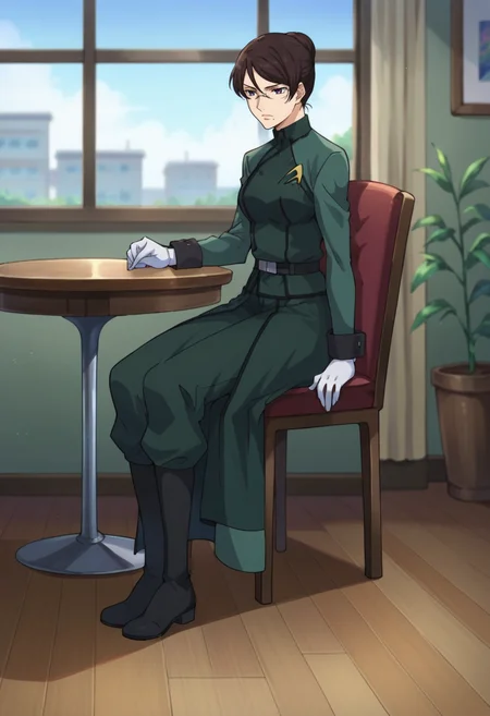 score_9,score_8_up,score_7_up,score_6_up,score_5_up,score_4_up,anime coloring BREAK source_anime,anime,<lora:Kati_Mannequin_Gundam_00_Pony:0.8>,kati,1girl,solo,purple eyes,brown hair,mole under mouth,glasses,belt,hair up,single hair bun,s2uniform,green jacket,belt,green pants,waist cape,boots,white gloves,sitting,indoors,table,chair,window,